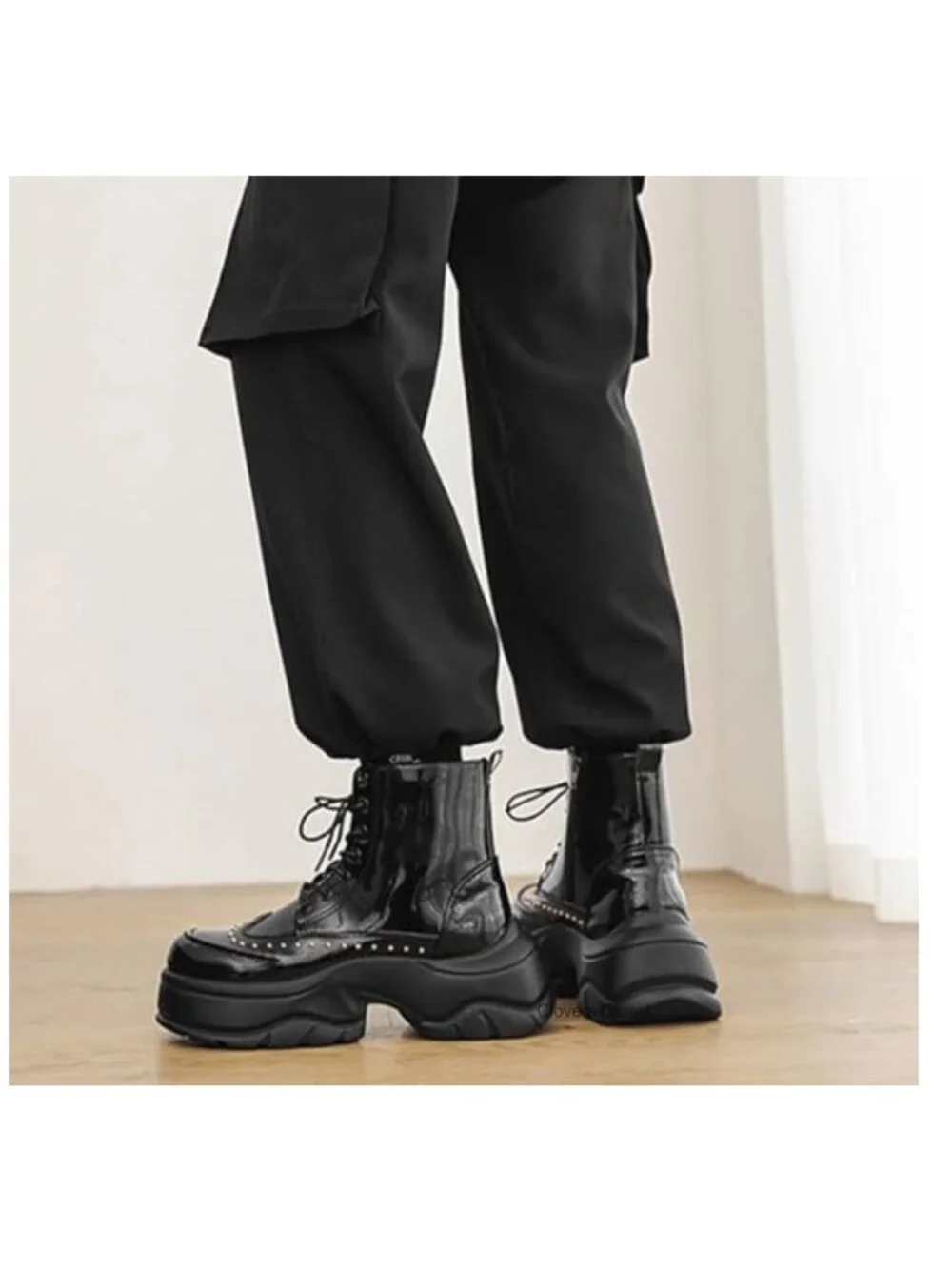 Patent Leather Rivet Platform Motorcycle Boots Side Zipper Goth Combat Ankle